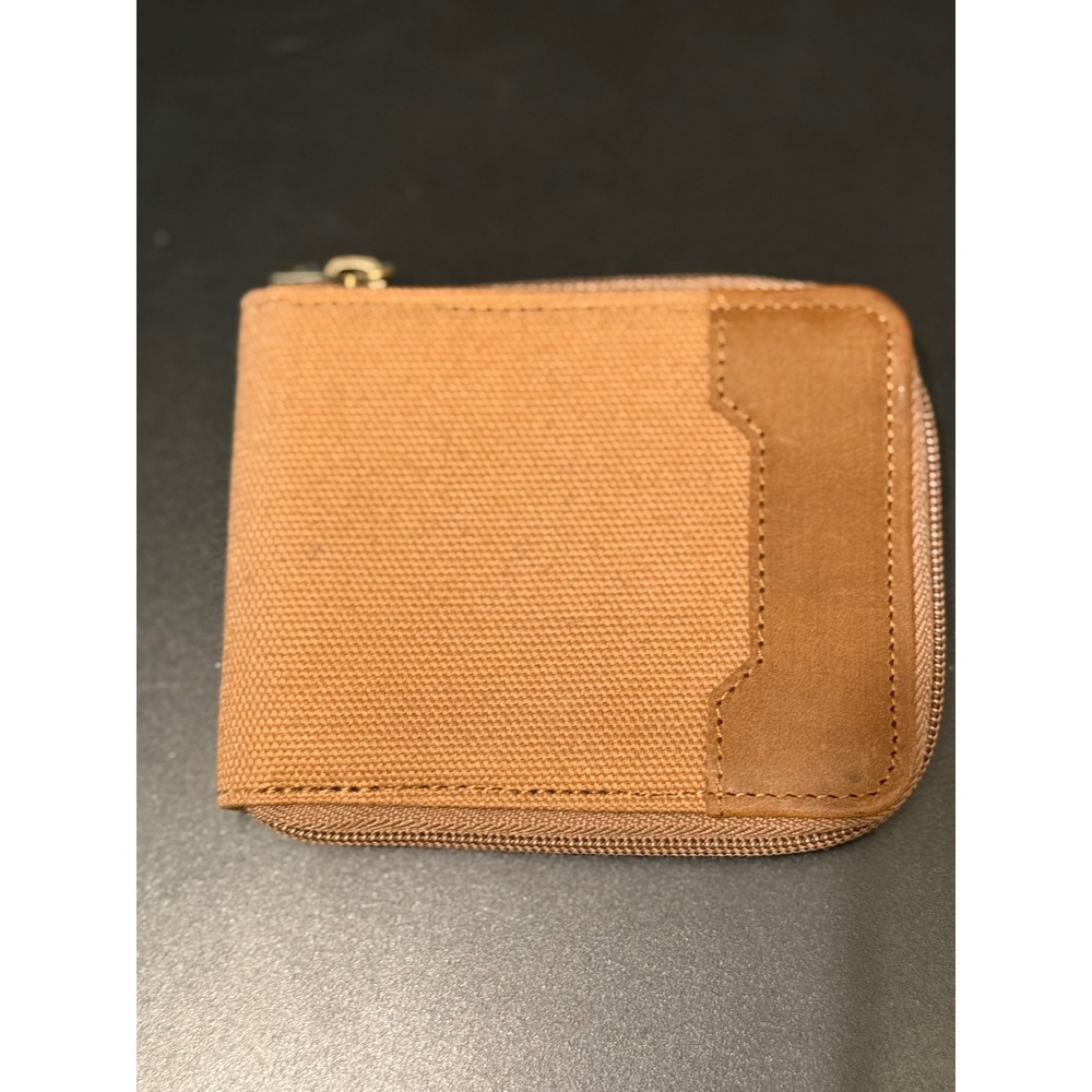 Duluth Trading Co Fire Hose Canvas Leather Zip Around Bifold Wallet Tan Brown